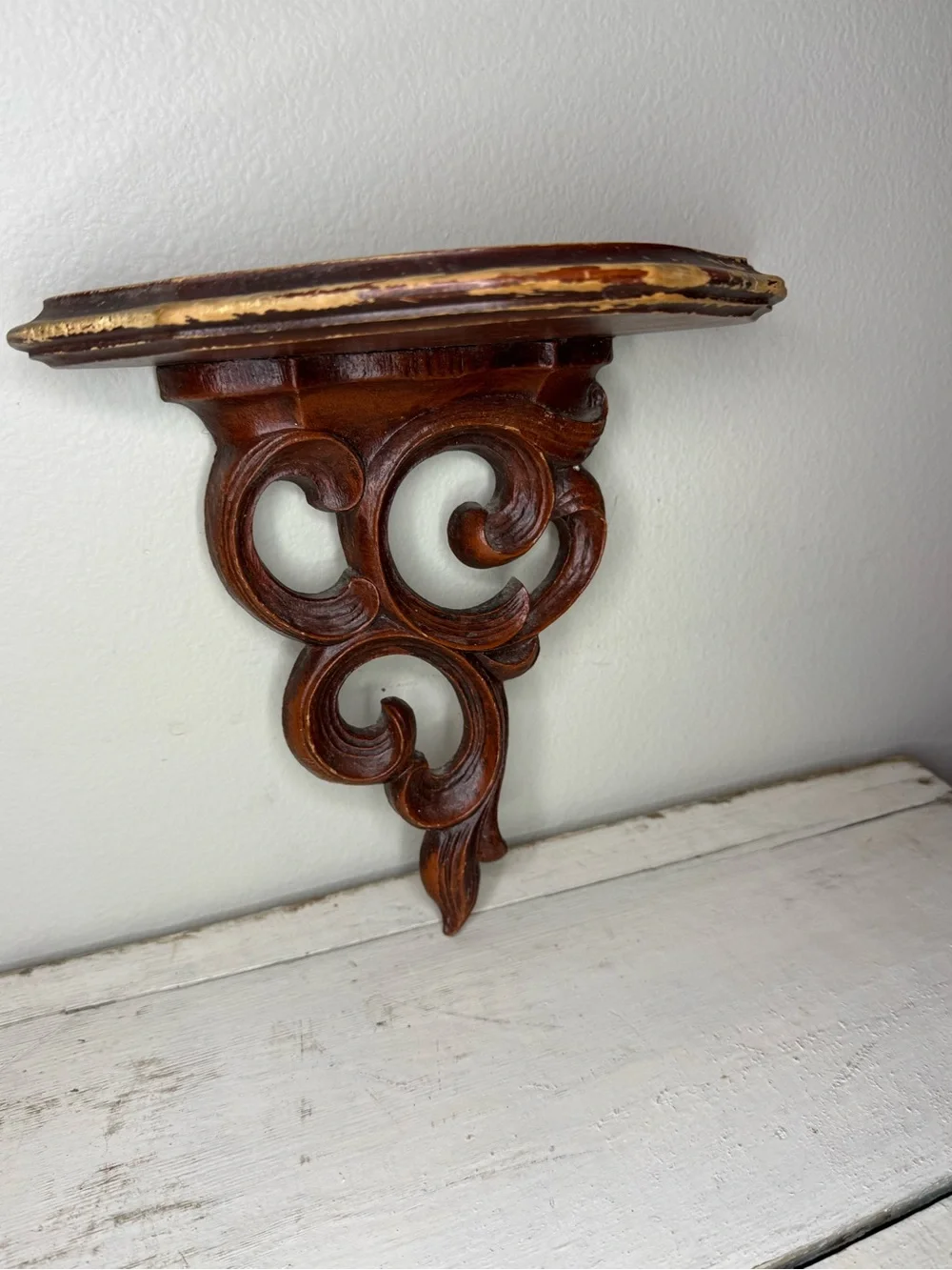 Hand carved Solid Wood Floral Design Wall Mounted Floating Shelf Bracket Burnt